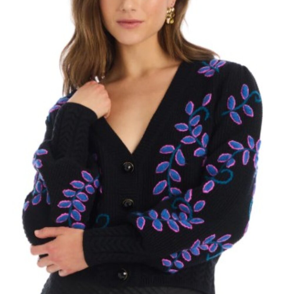 ALLISON New York Piper Embroidered V-Neck Cardigan • Size M • Designer Knit